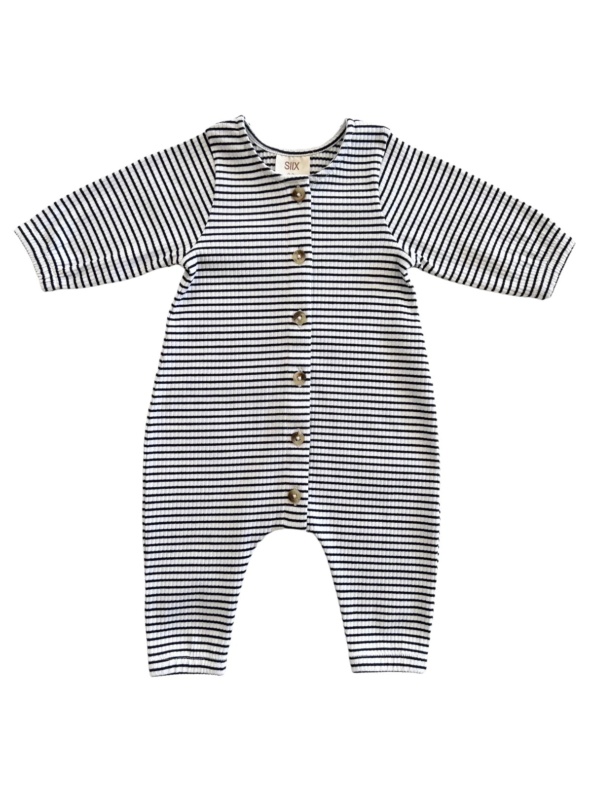 Striped baby jumpsuit with long sleeves and button closure, featuring black and white horizontal stripes.