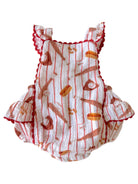 Red and white striped baby romper with food-themed patterns, featuring ruffled sleeves and a gathered bottom.