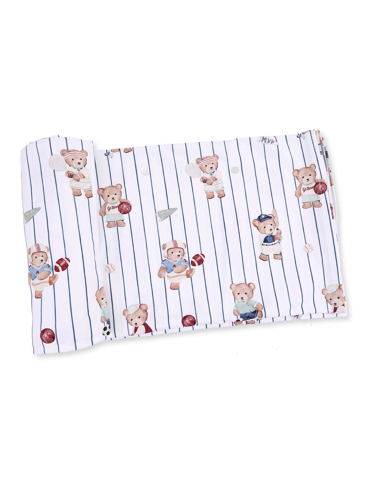 Cotton fabric featuring playful teddy bears in sports attire on a striped background. Ideal for children's projects.