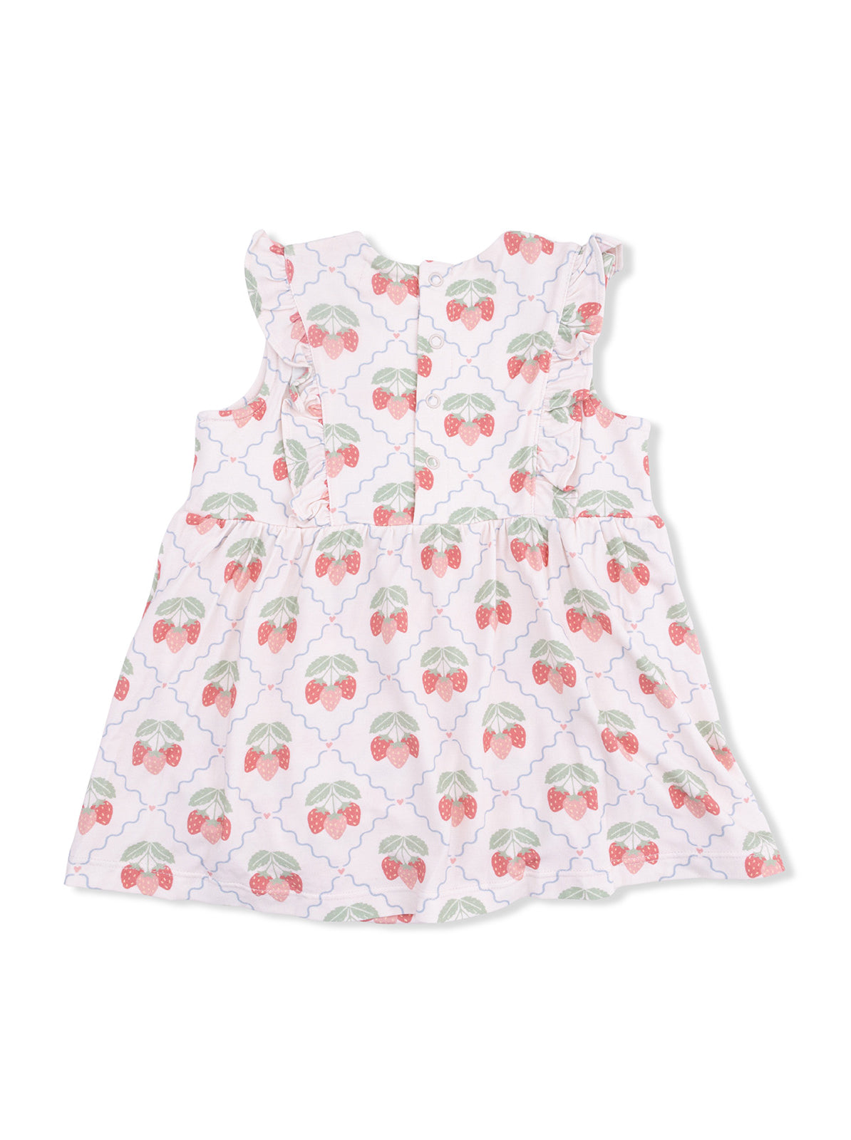 Back view of a sleeveless, ruffled dress with a strawberry pattern on a white background.
