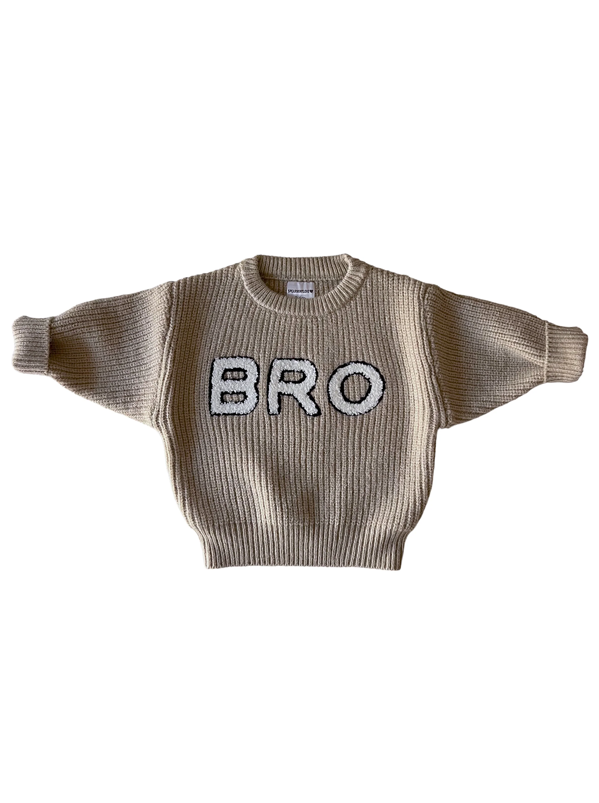 Beige knit sweater with the word "BRO" prominently displayed in bold, textured letters on the front.