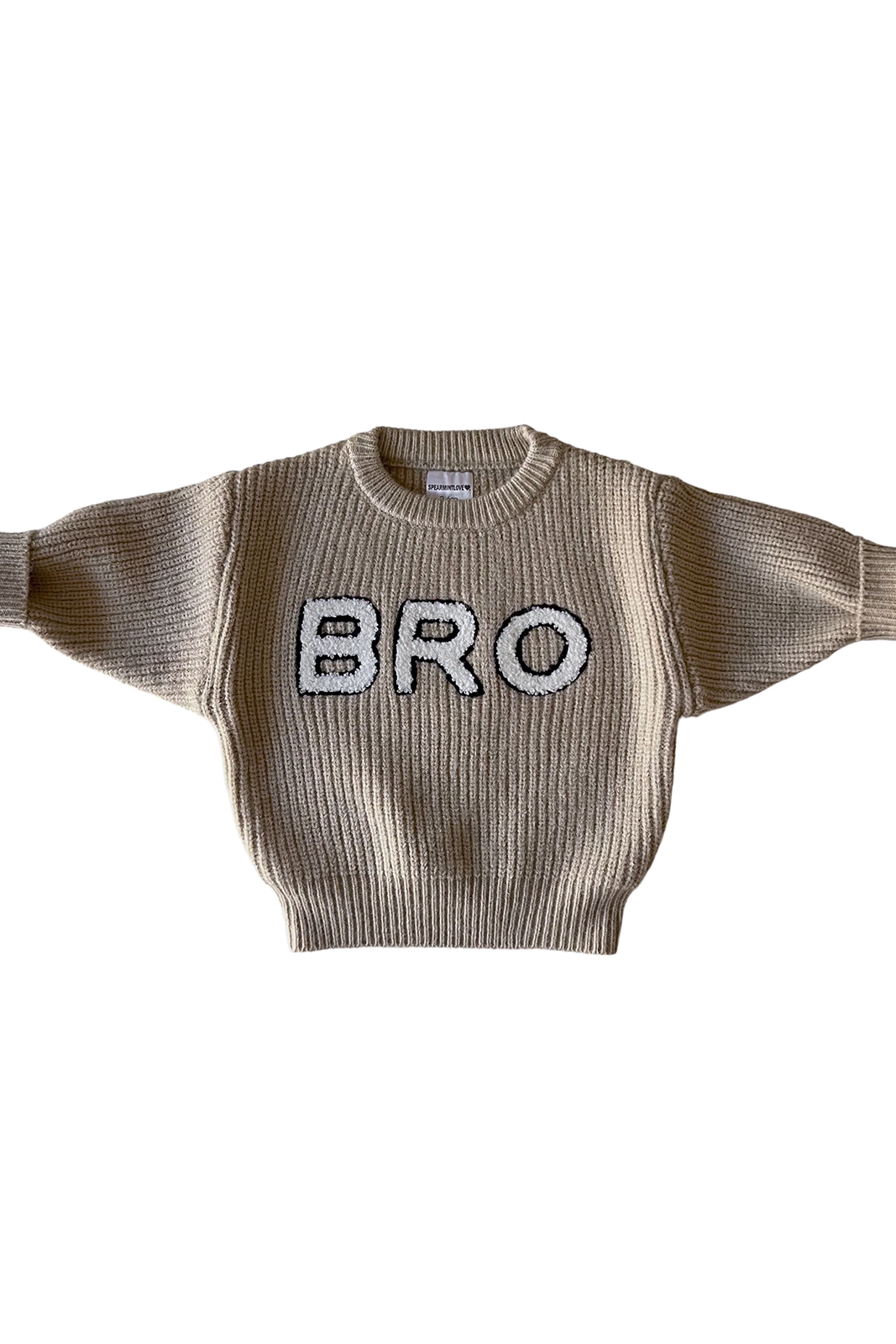 Beige knit sweater with the word "BRO" prominently displayed in bold, textured letters on the front.