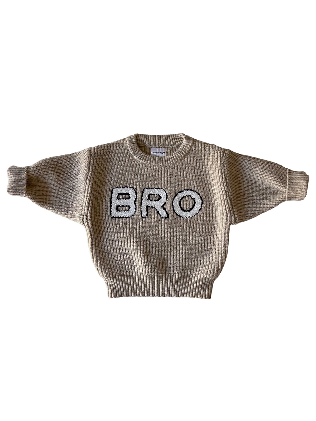 Beige knit sweater with the word "BRO" prominently displayed in bold, textured letters on the front.