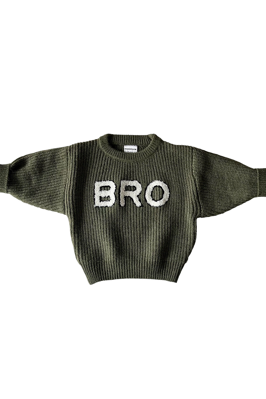Olive green sweater with the word "BRO" in white, featuring a ribbed texture and oversized sleeves.