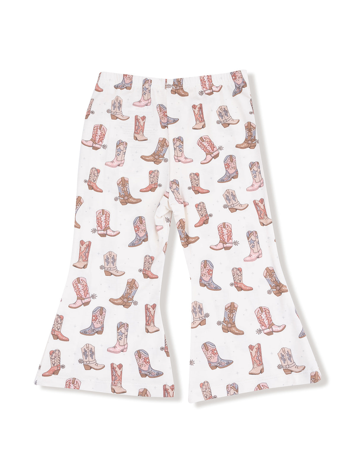 White pants patterned with various cowboy boots in pink, brown, and blue hues.