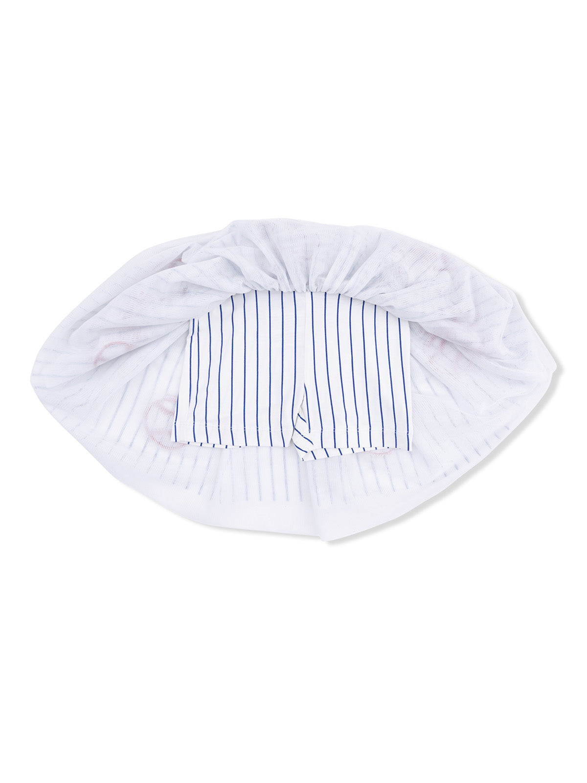 White and blue striped fabric with a gathered edge, resembling a hat or cap.