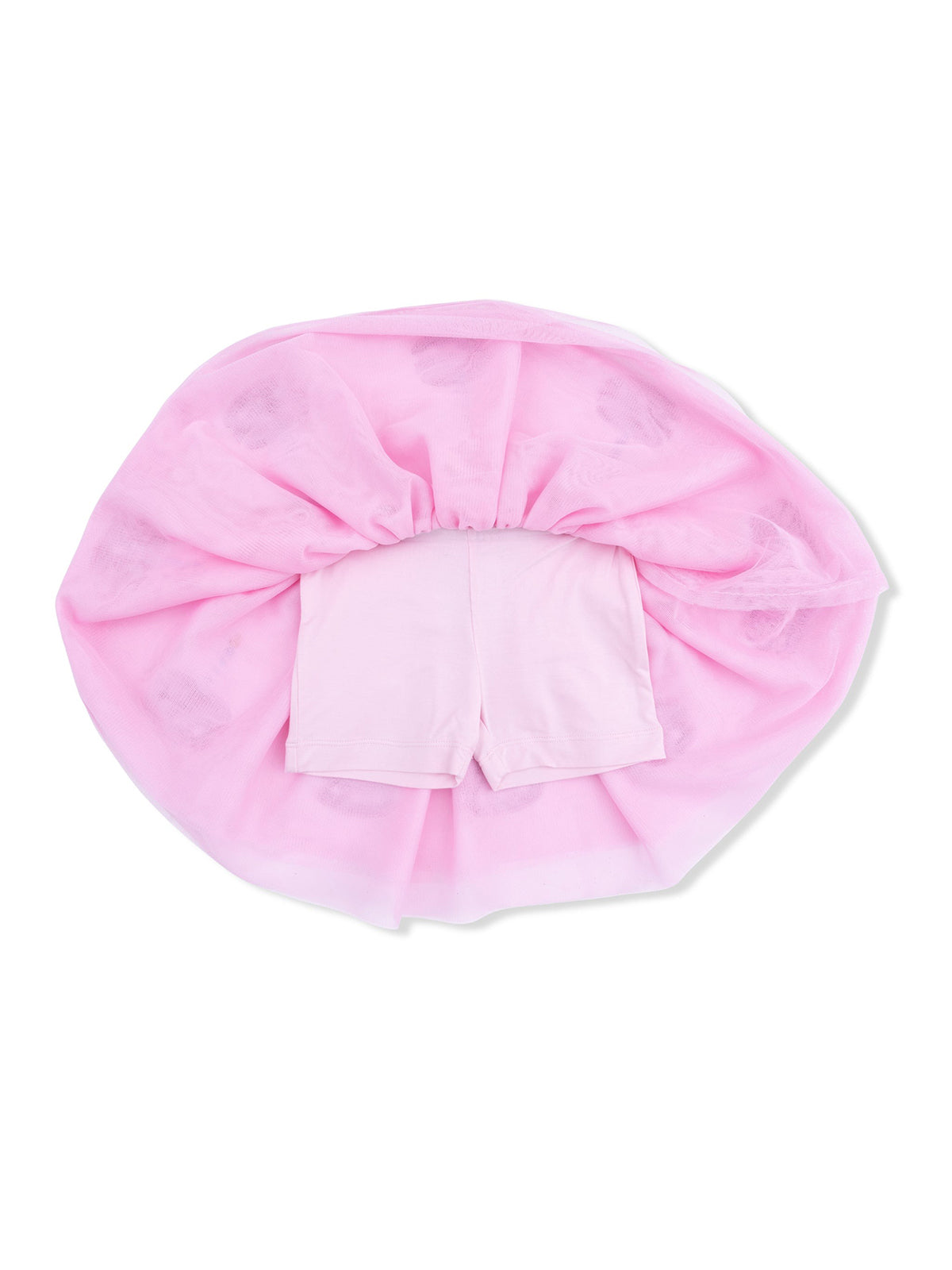 Pink tulle skirt with attached shorts, arranged in a circular shape on a white background.