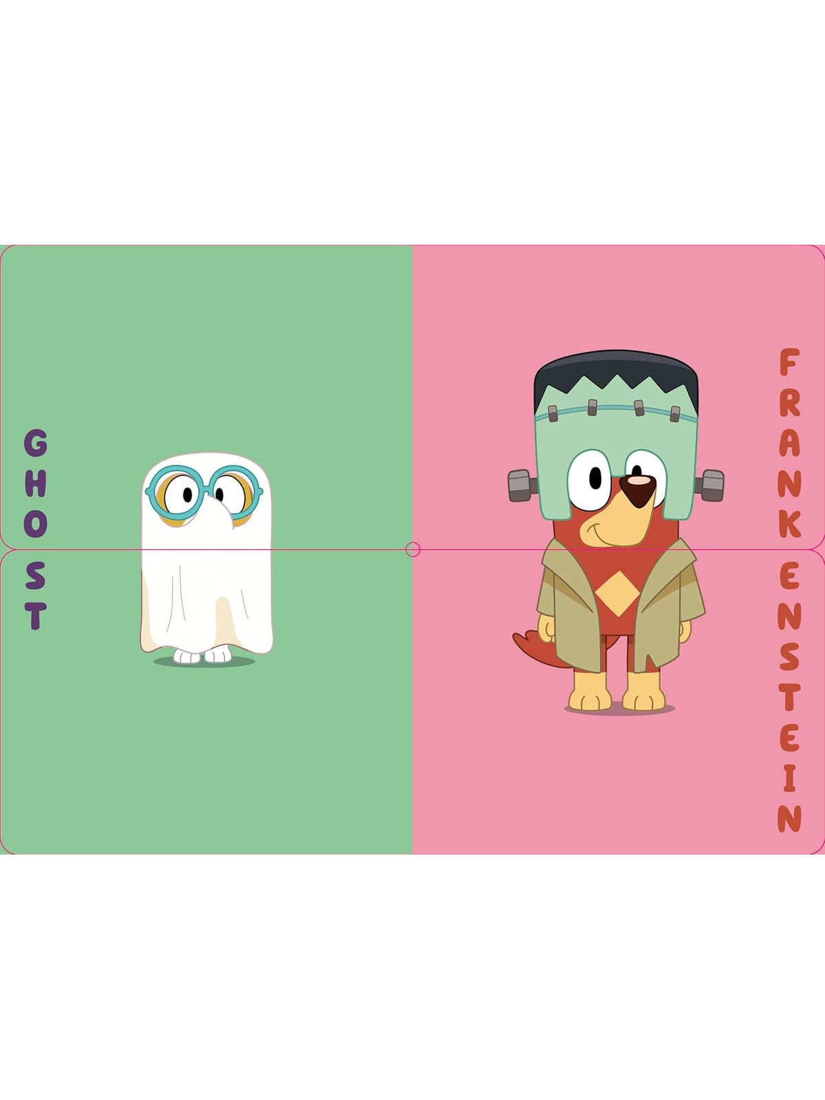 Cartoon ghost wearing glasses next to a cartoon dog dressed as Frankenstein on a colorful background.