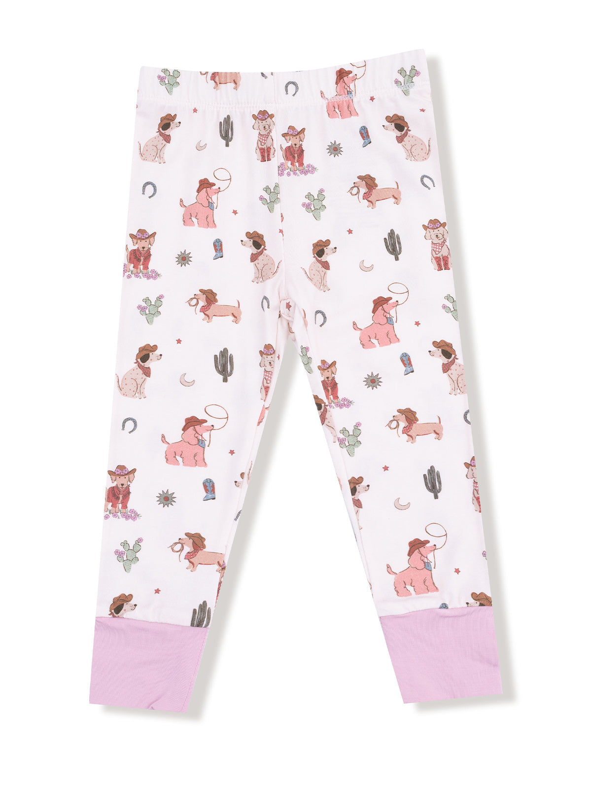 White leggings with colorful dog and cactus prints, featuring a pink cuff at the bottom.