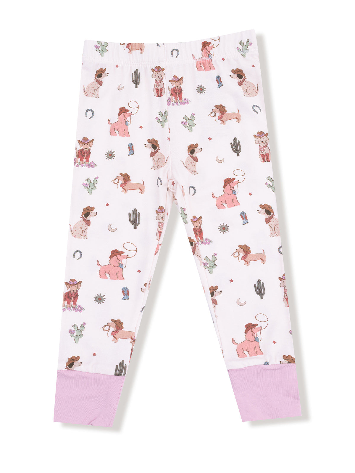 White leggings with colorful dog and cactus prints, featuring a pink cuff at the bottom.