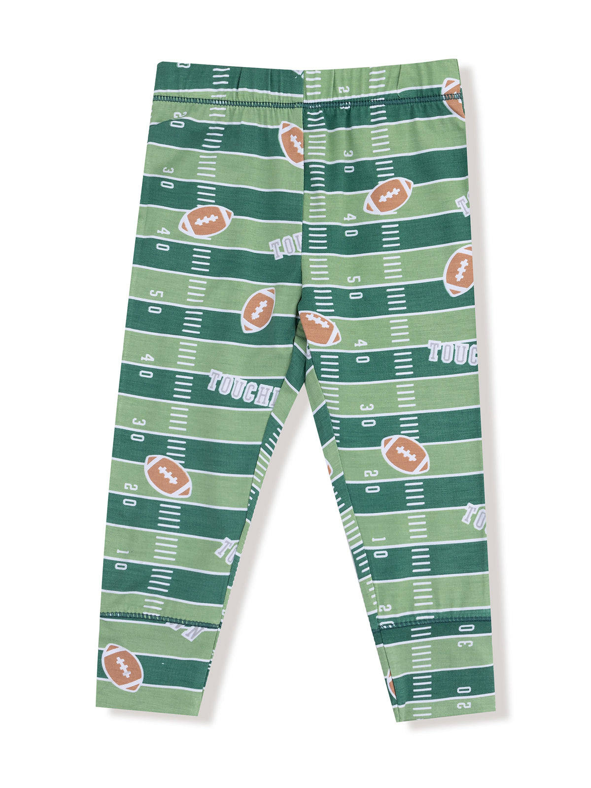 Green leggings with a football field print and "TOUGH" text, featuring footballs and yard markers.