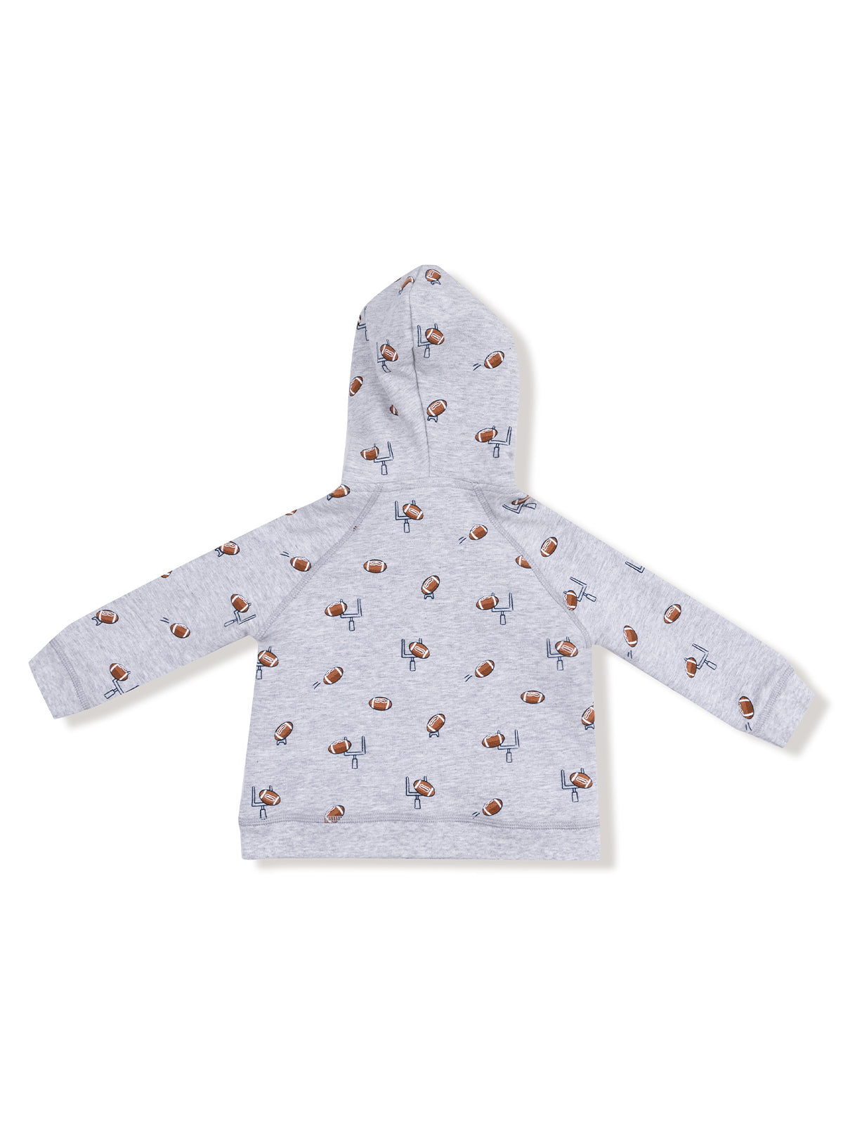 Gray hoodie with a sports theme, featuring a pattern of footballs and goalposts. Back view.