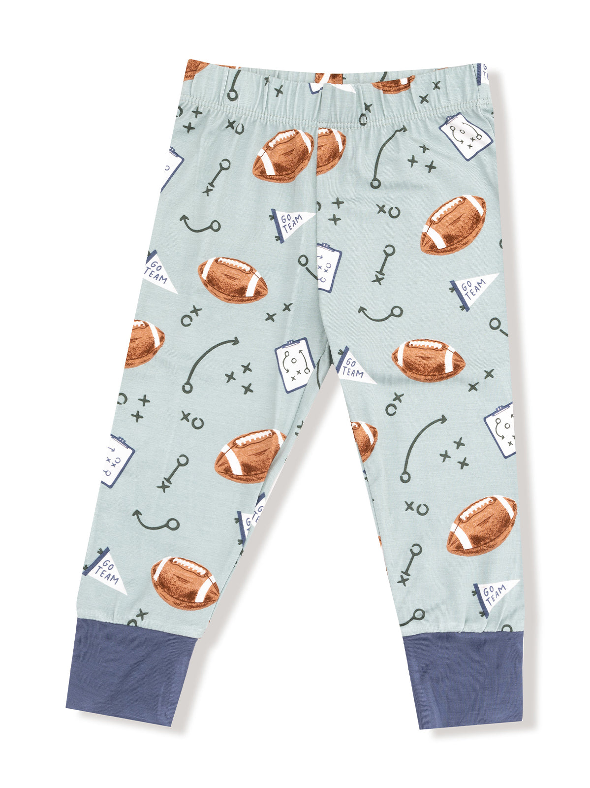 Light blue pajama pants with a playful football pattern and dark blue cuffs.