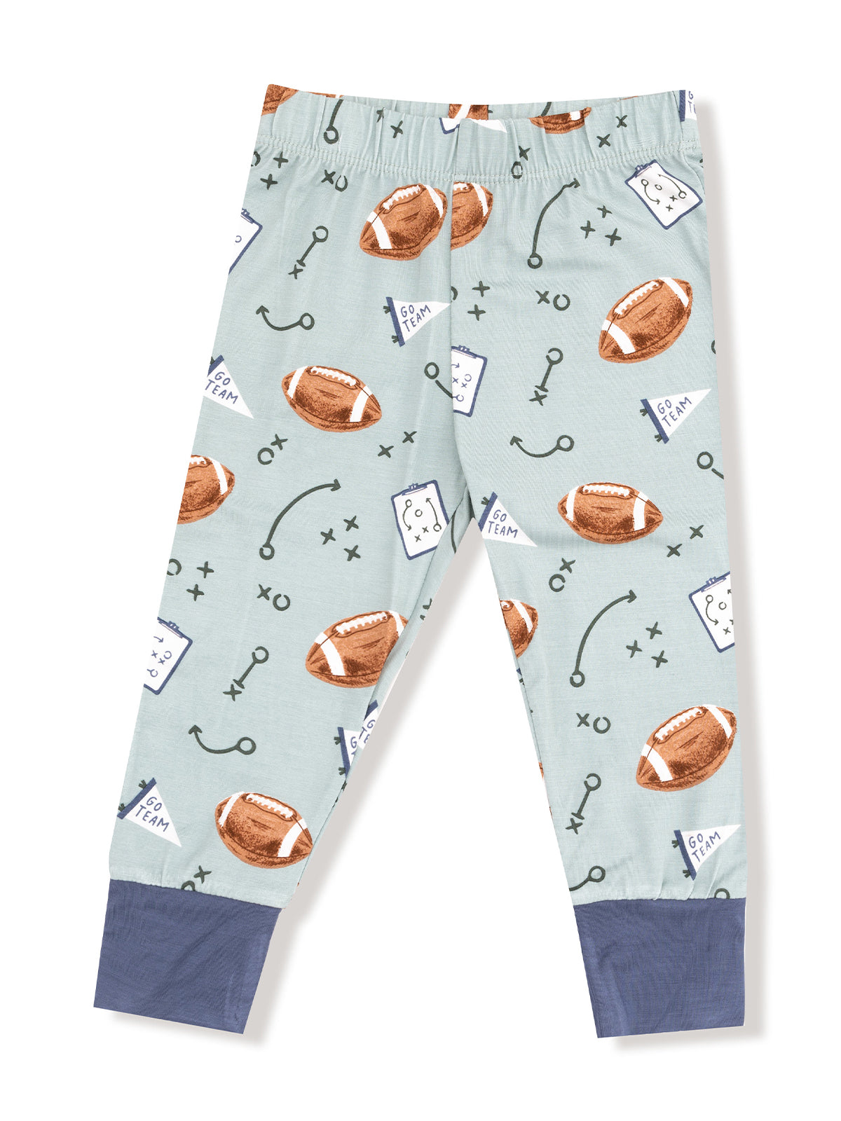 Light blue pajama pants with a playful football pattern and dark blue cuffs.