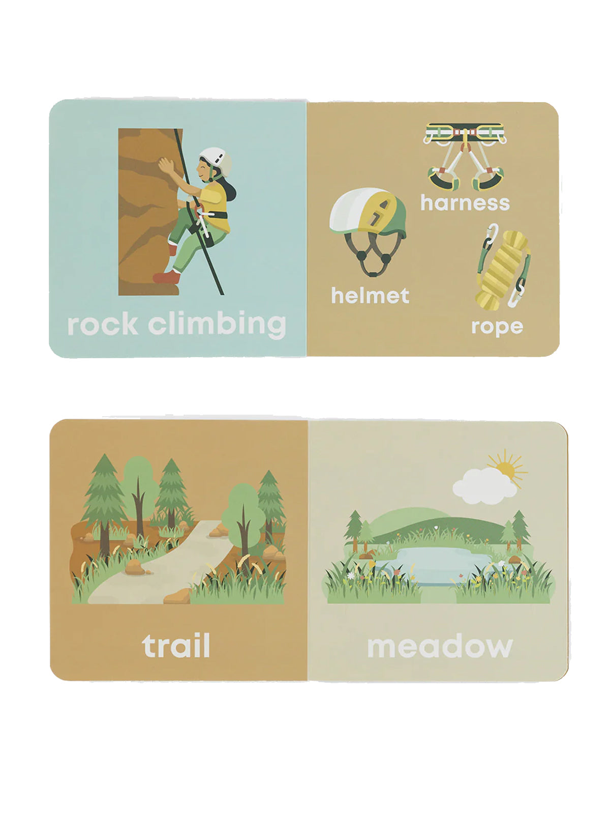 Illustrations of rock climbing gear, a trail, and a meadow in a children's educational book.