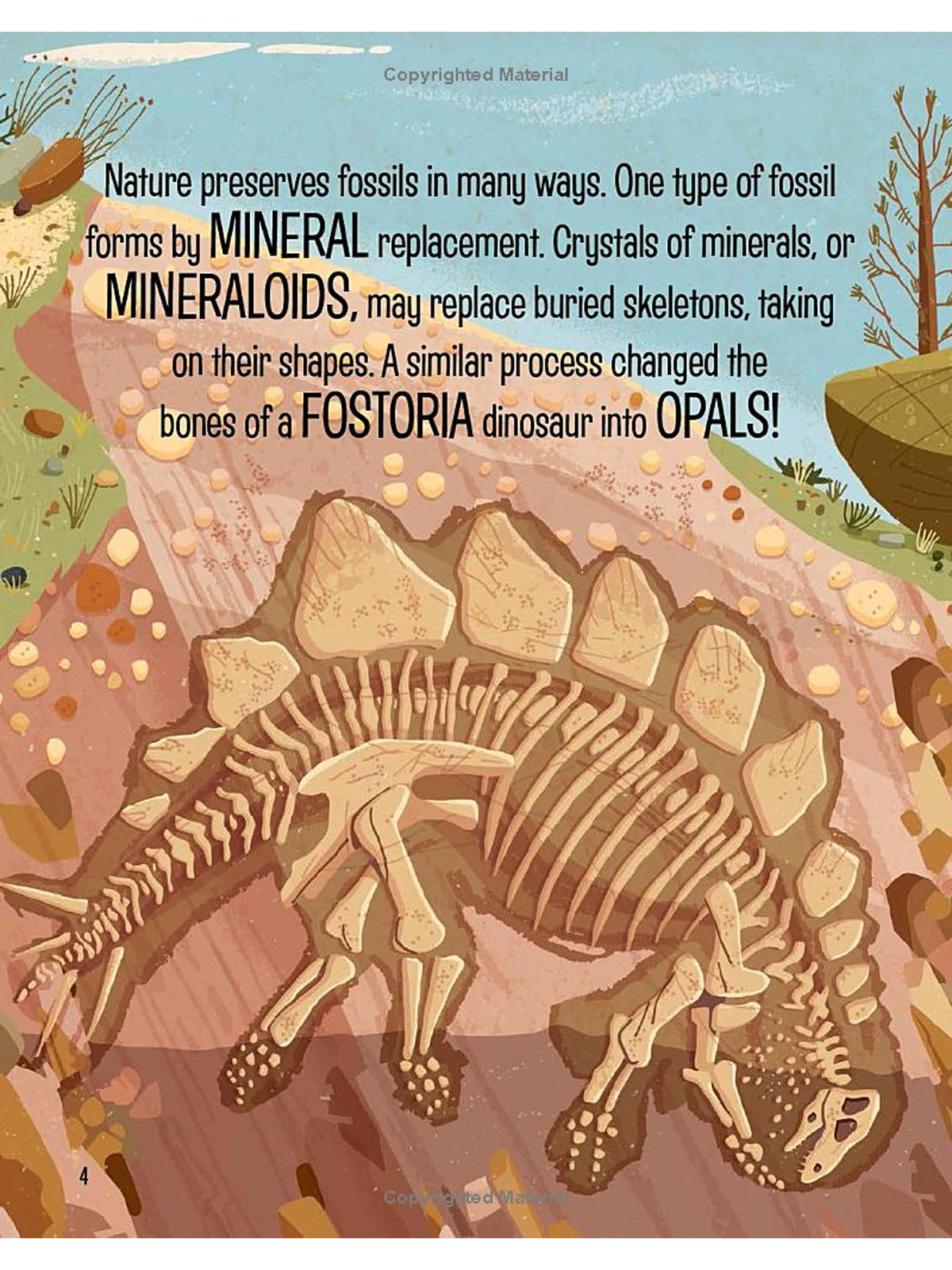 Illustration of a Fostoria dinosaur skeleton with text on fossil preservation methods and mineral replacement.