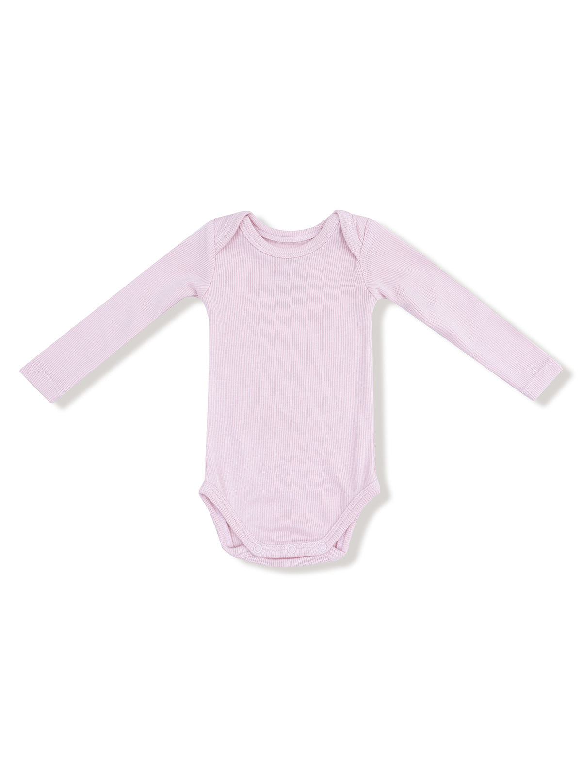 Light pink long-sleeve ribbed baby bodysuit viewed from above on a white background.