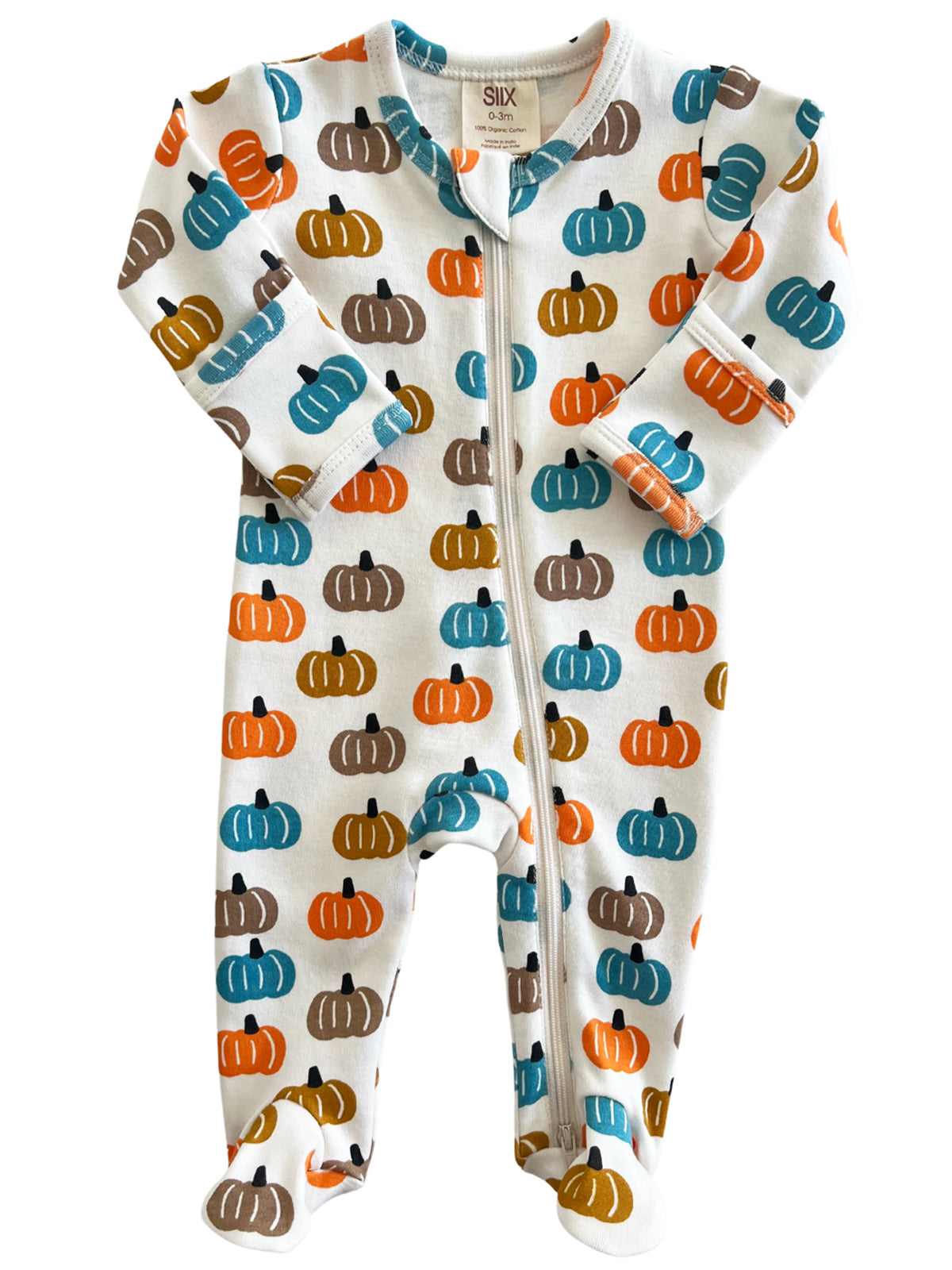Baby onesie featuring a fun pumpkin pattern in orange, blue, and brown on a white background.