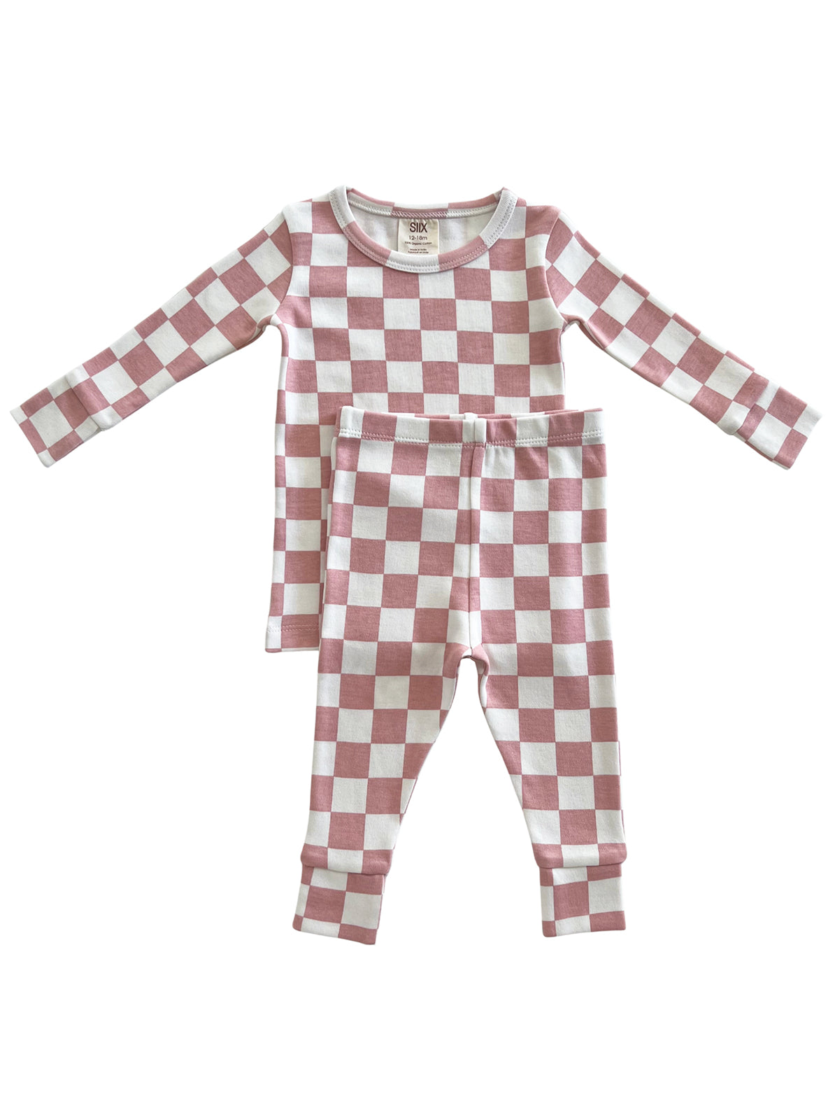 Pink and white checkered children's pajama set, includes long-sleeve top and matching pants.