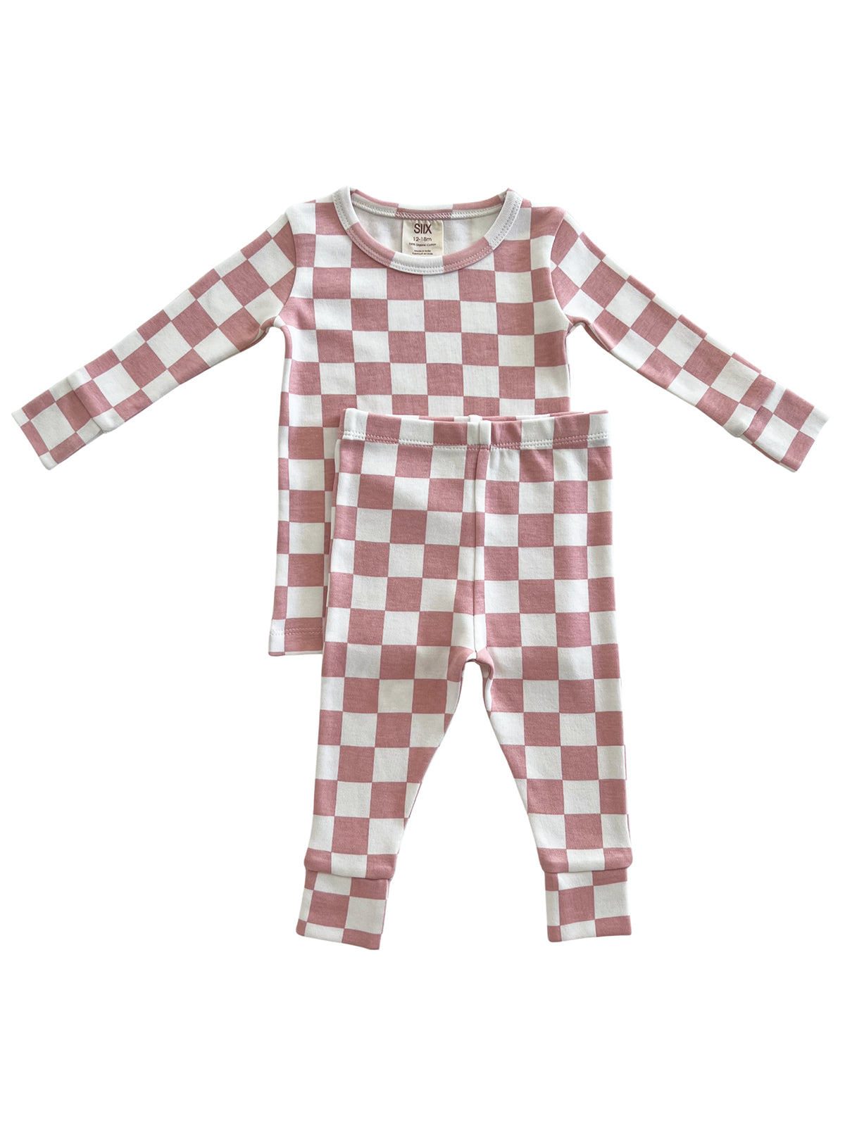 Pink and white checkered children's pajama set, includes long-sleeve top and matching pants.