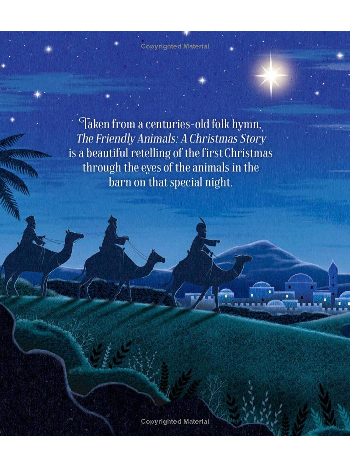 Three figures on camels travel through a starry night landscape, depicting the Christmas story from an animal's perspective.