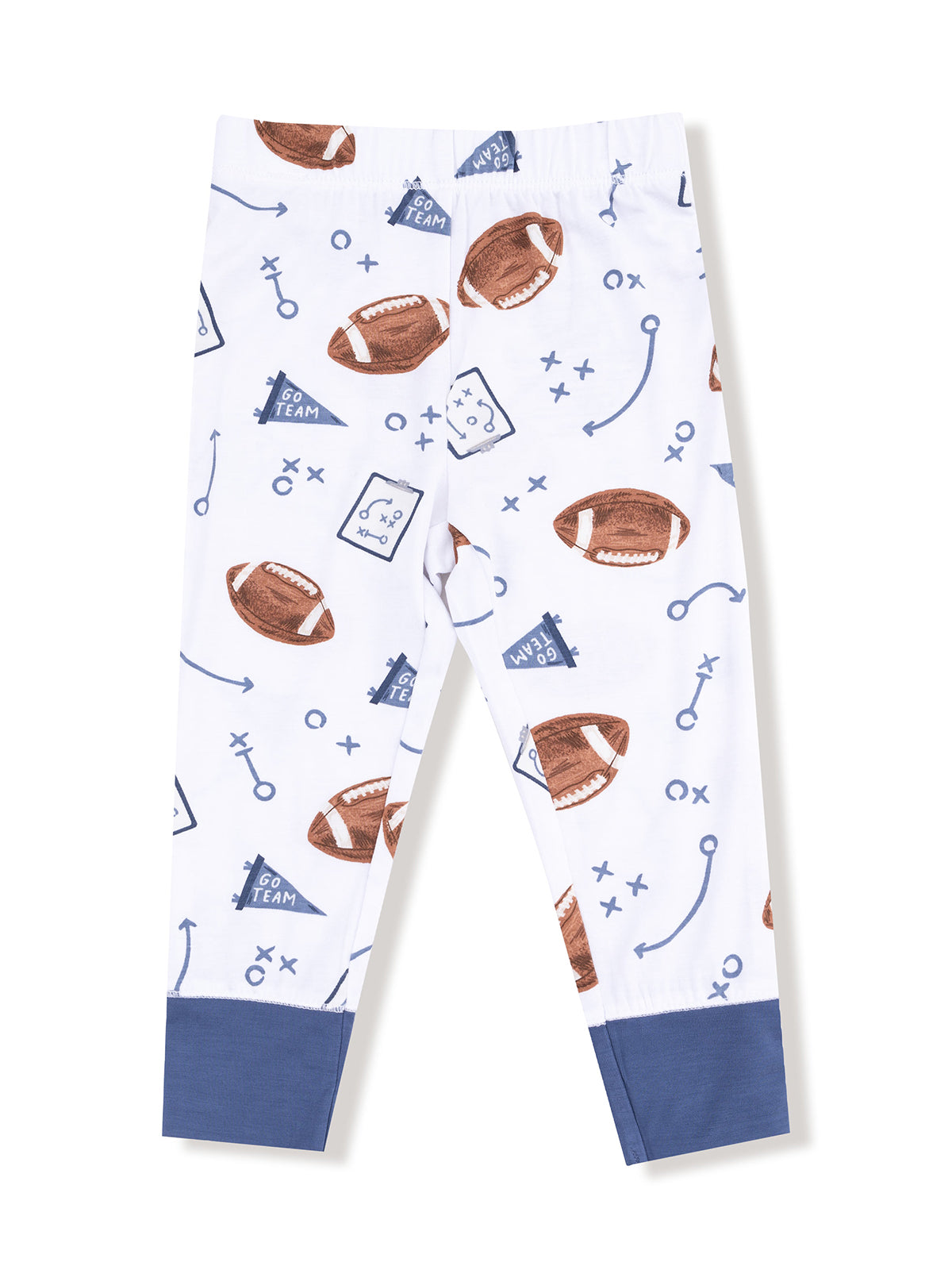 White football-themed leggings with blue cuffs, featuring footballs and play diagrams.
