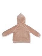Back view of a light beige hoodie with a soft texture and a hood, designed for comfort and warmth.