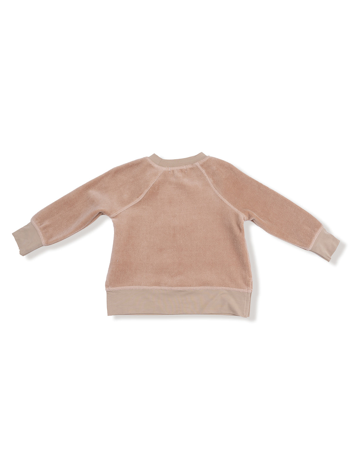Back view of a cozy beige sweatshirt with long sleeves and a relaxed fit. Ideal for casual wear.