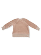Back view of a cozy beige sweatshirt with long sleeves and a relaxed fit. Ideal for casual wear.