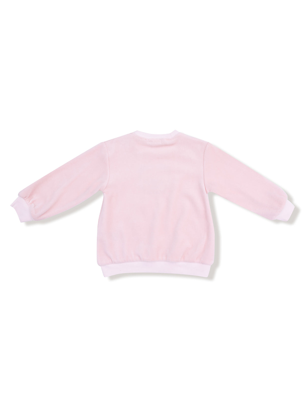Pink children's sweatshirt, view from the back, featuring puffed sleeves and a ribbed hem.