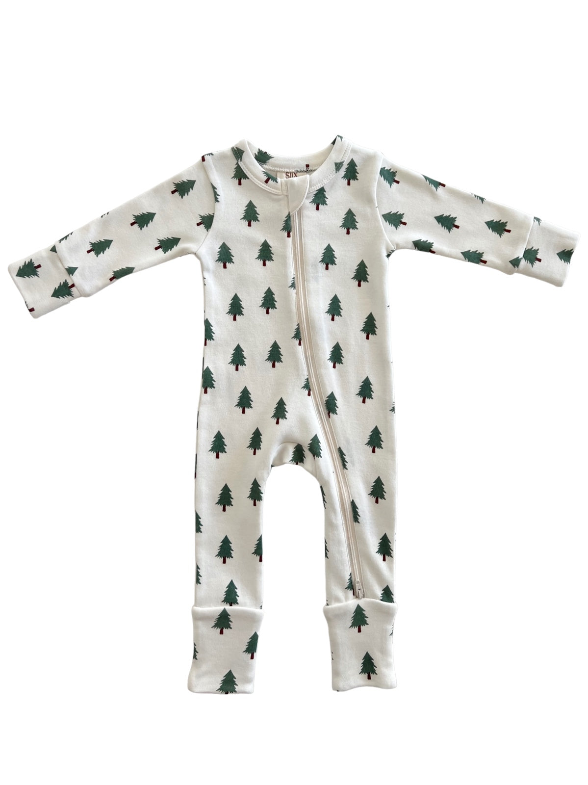 White baby onesie with green tree patterns and a zipper, folded sleeves and cuffs. Perfect for cozy wear.