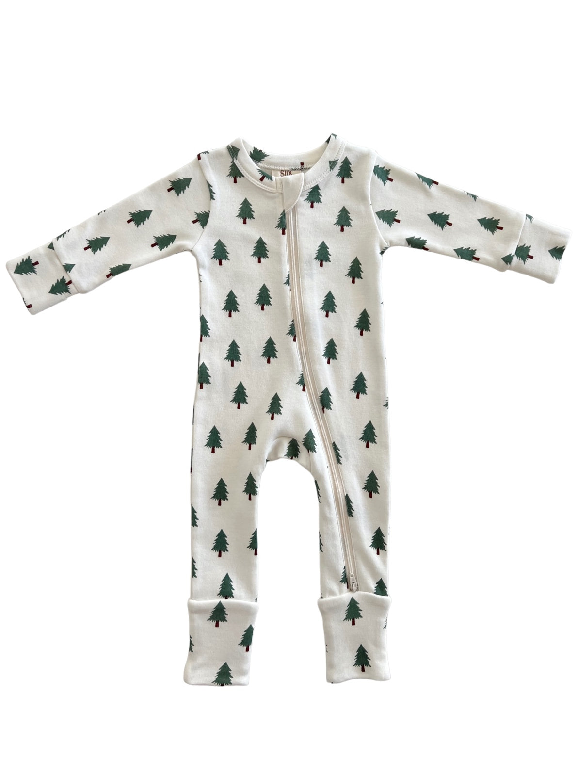 White baby onesie with green tree patterns and a zipper, folded sleeves and cuffs. Perfect for cozy wear.