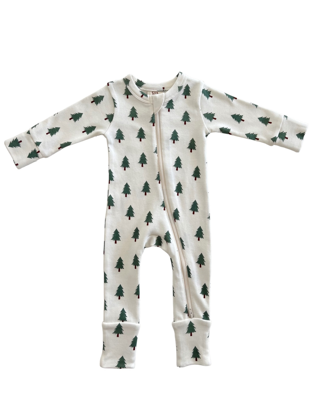 White baby onesie with green tree patterns and a zipper, folded sleeves and cuffs. Perfect for cozy wear.