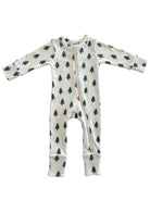 White baby onesie with green tree patterns and a zipper, folded sleeves and cuffs. Perfect for cozy wear.