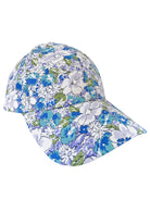 Floral-patterned cap in shades of blue, white, and green, angled to showcase design and texture.