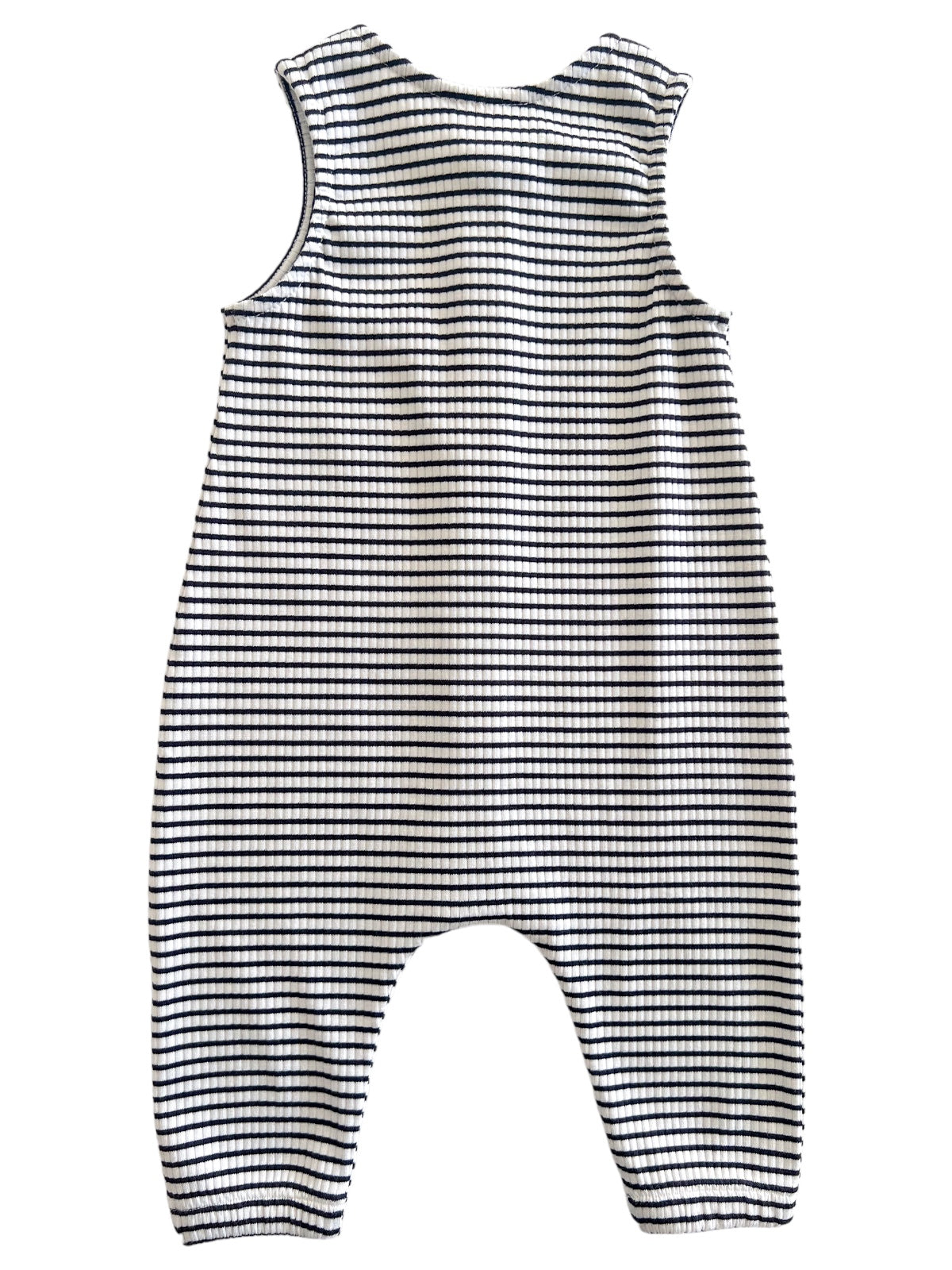 Back view of a striped baby romper featuring horizontal black and white stripes. Soft, comfortable fabric.