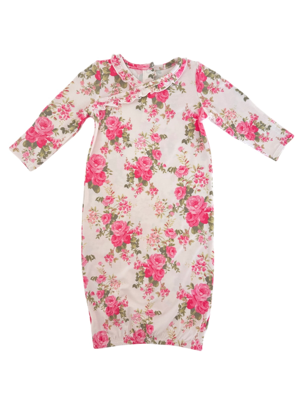 Floral baby dress with pink roses, long sleeves, and a ruffled neckline on a white background.