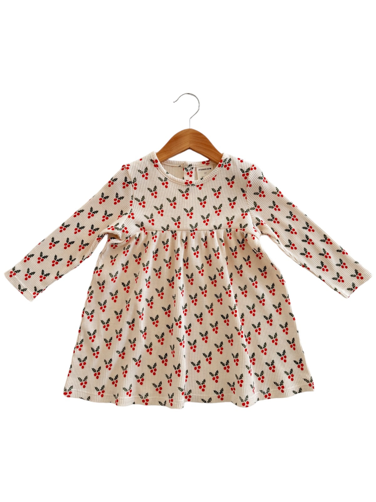 Long-sleeve children's dress with a floral pattern in red and green, displayed on a wooden hanger.