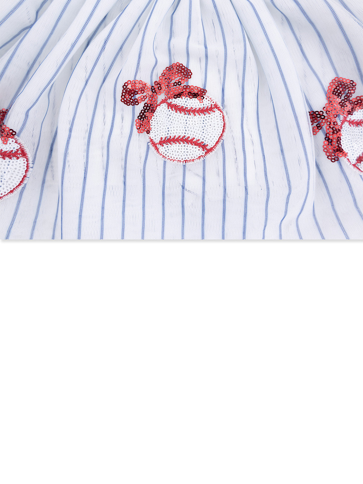 White fabric with blue stripes featuring red embroidered baseballs with bows.