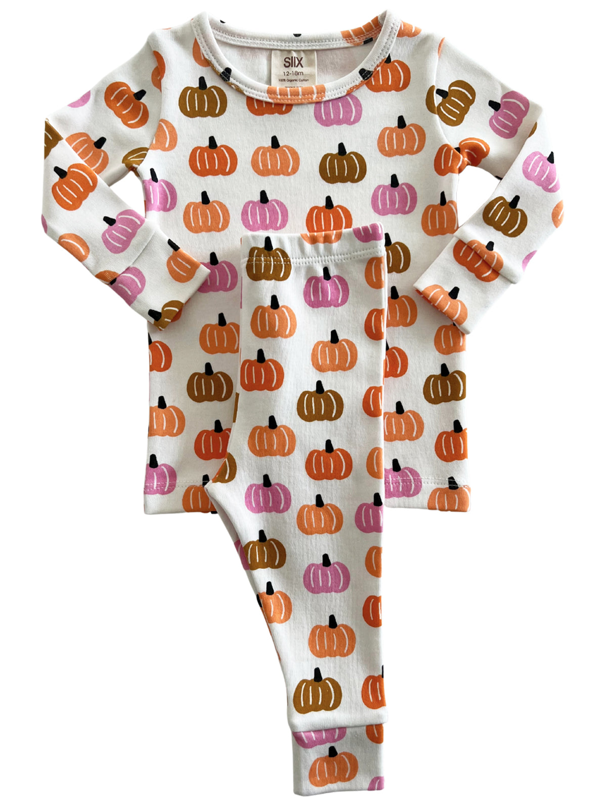 Kids' pajama set featuring colorful pumpkin prints on a white background. Suitable for fall or Halloween wear.