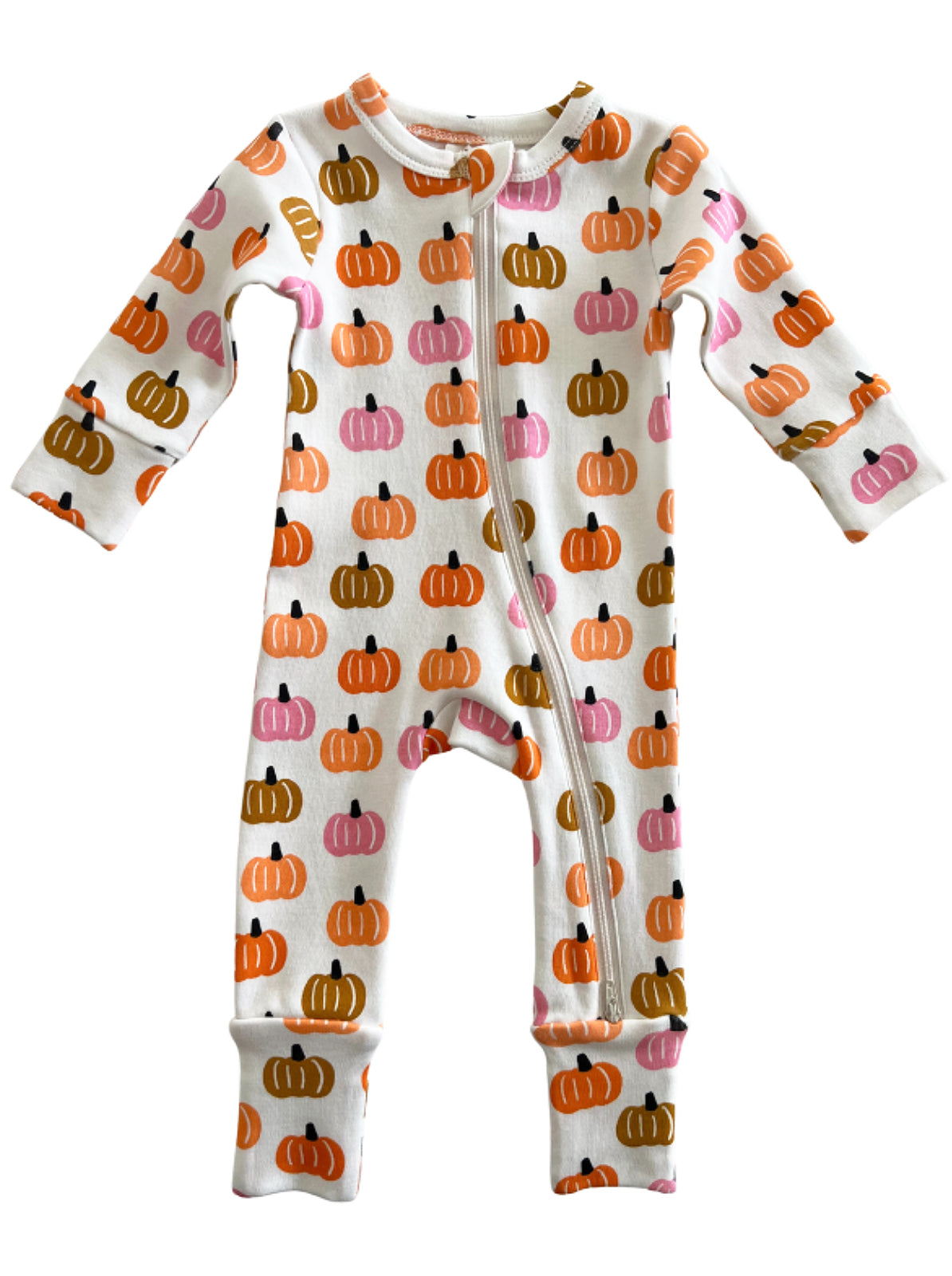 White baby onesie with a pumpkin print in orange, pink, and brown, featuring a front zipper and long sleeves.