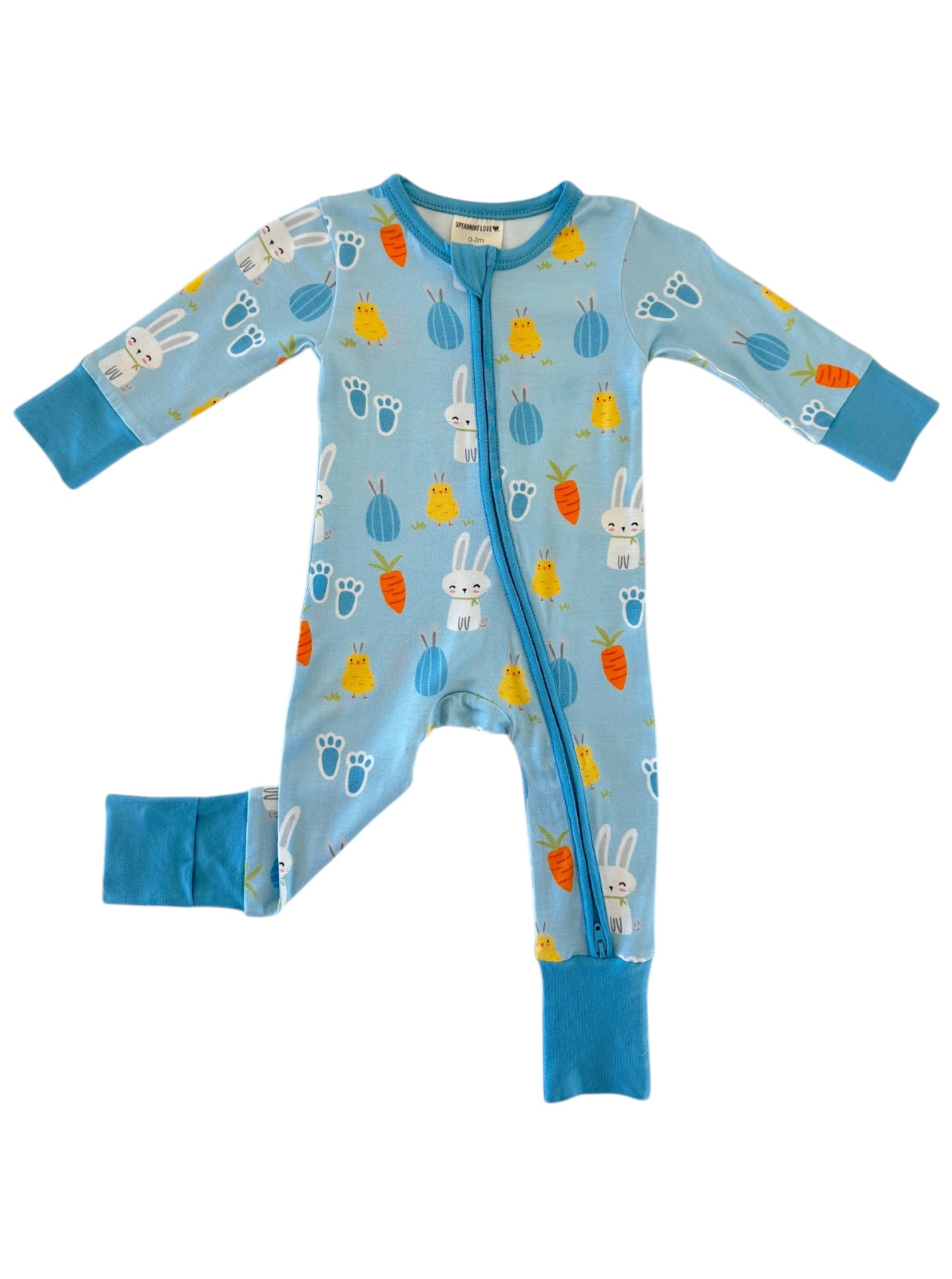 Light blue baby onesie featuring rabbits, chicks, and carrots in a playful print, zippered front, and long sleeves.