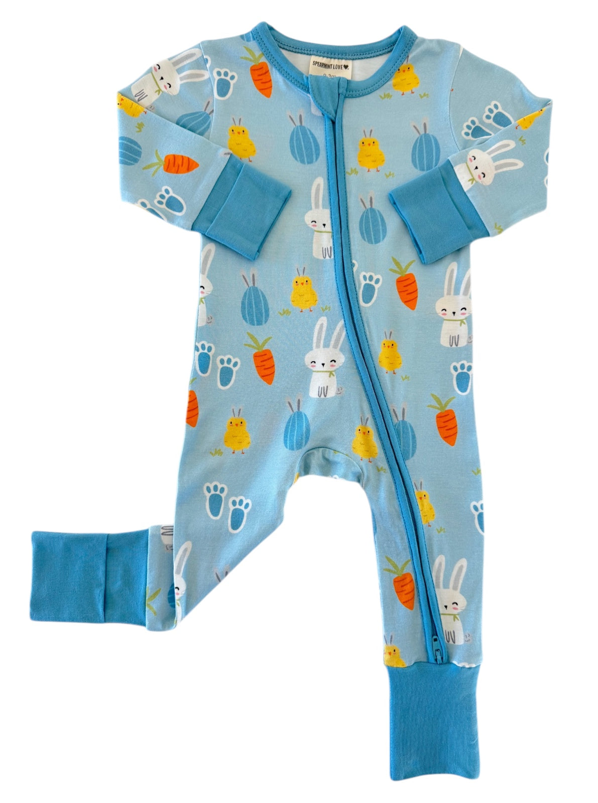 Blue baby onesie with bunny and chick patterns, featuring a front zipper and cuffed sleeves and legs.