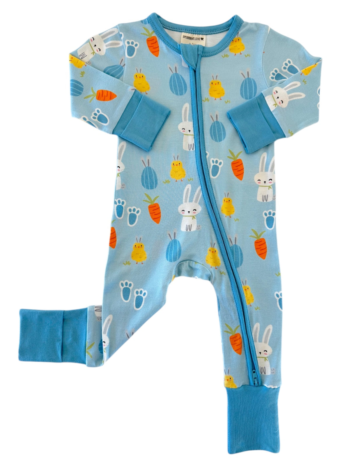 Blue baby onesie with bunny and chick patterns, featuring a front zipper and cuffed sleeves and legs.