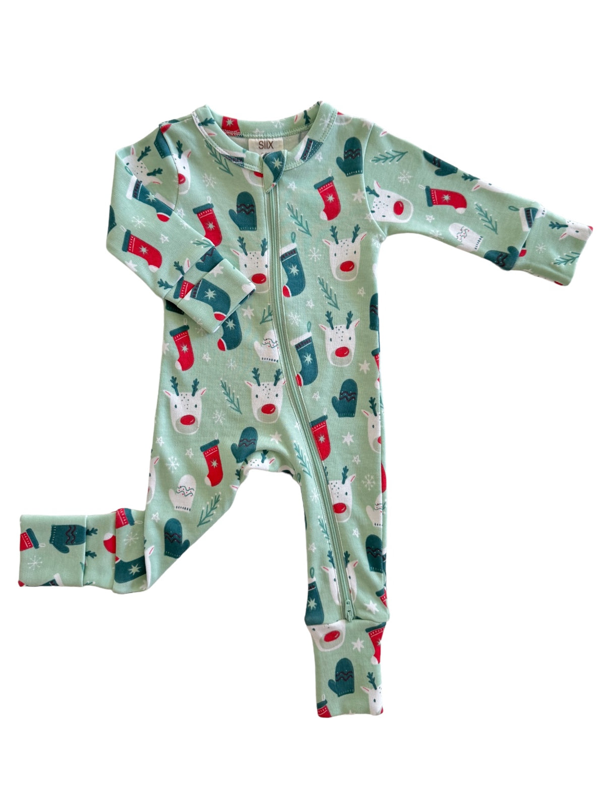 Green toddler onesie with festive patterns of reindeer, mittens, and snowflakes, featuring a front zipper.