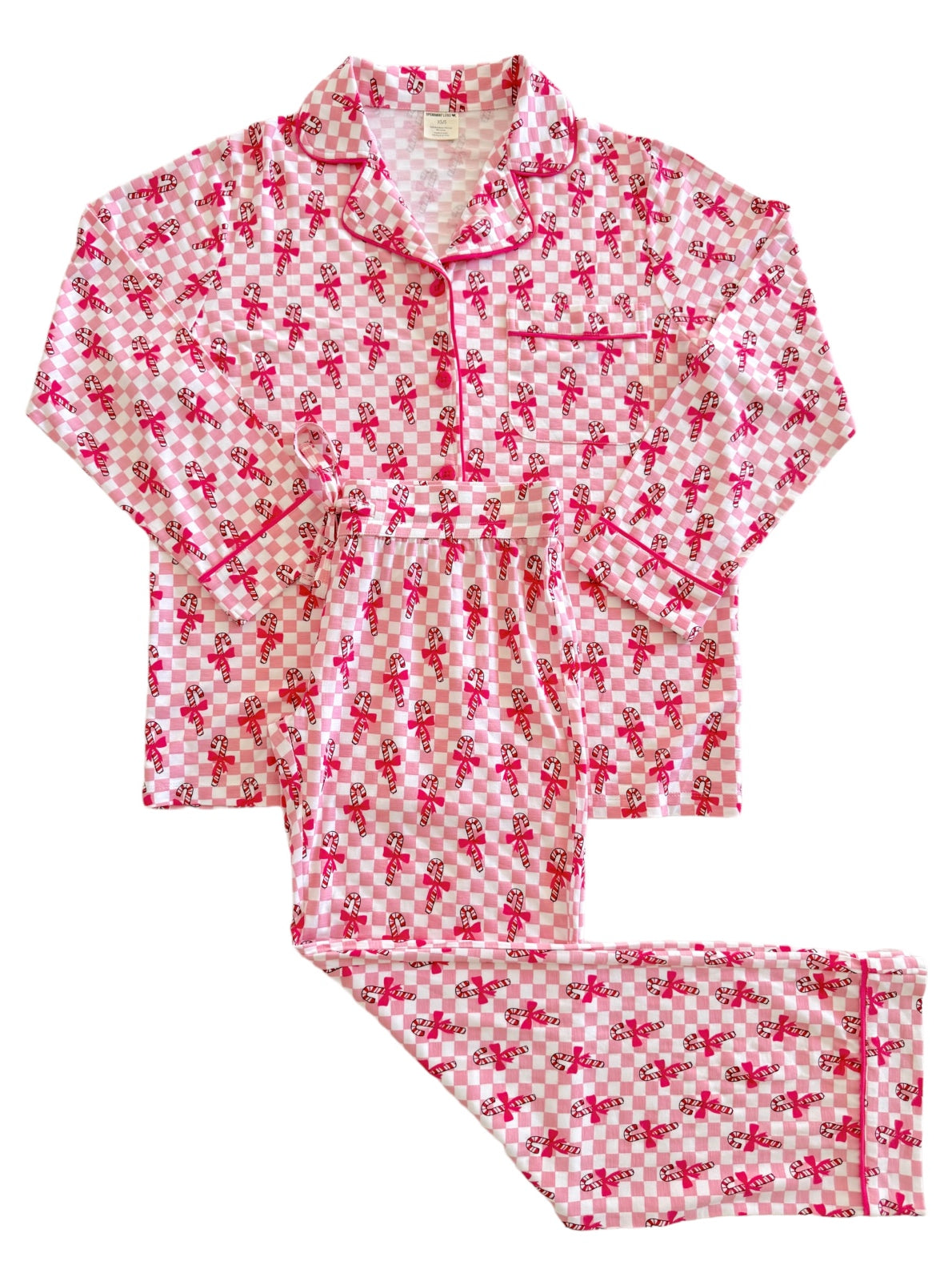 Pink checkered pajama set with a playful candy cane pattern, featuring long sleeves and pants.