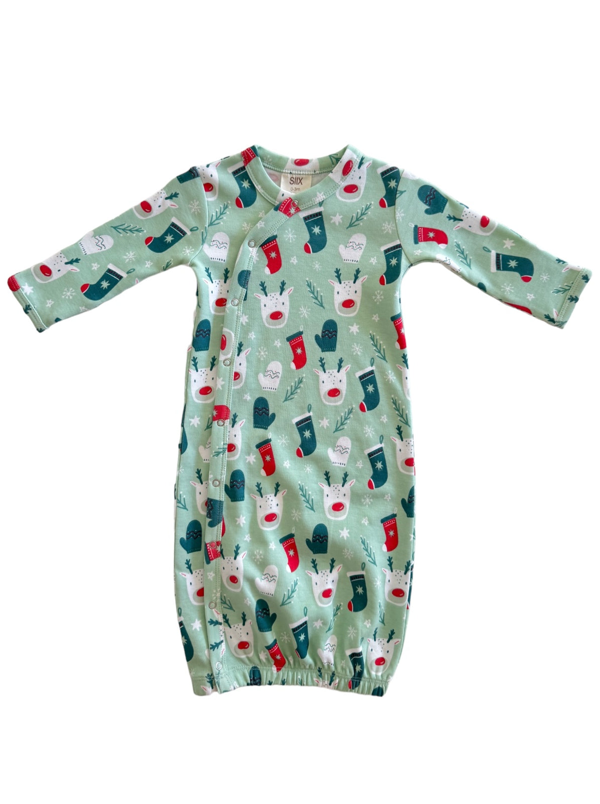 Mint green baby gown with festive reindeer and holiday stockings pattern. Perfect for holiday dressing.