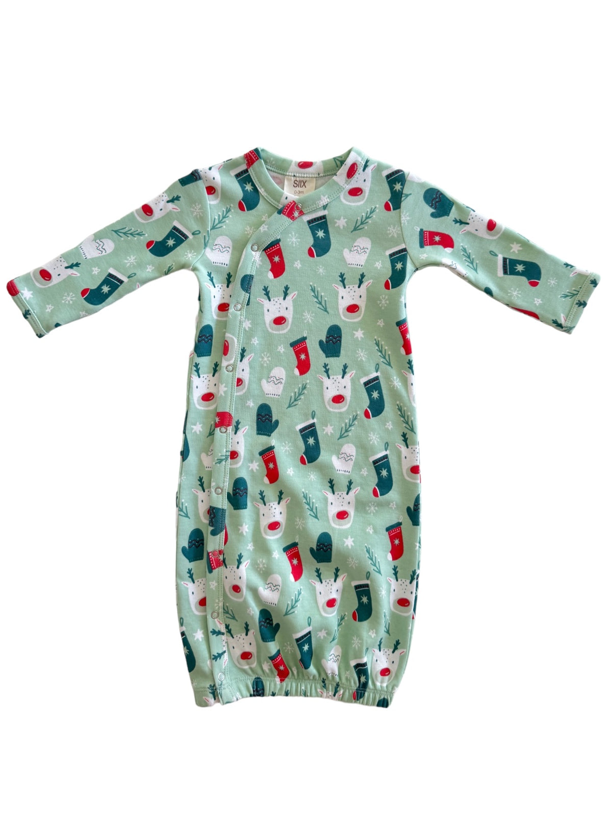 Mint green baby gown with festive reindeer and holiday stockings pattern. Perfect for holiday dressing.