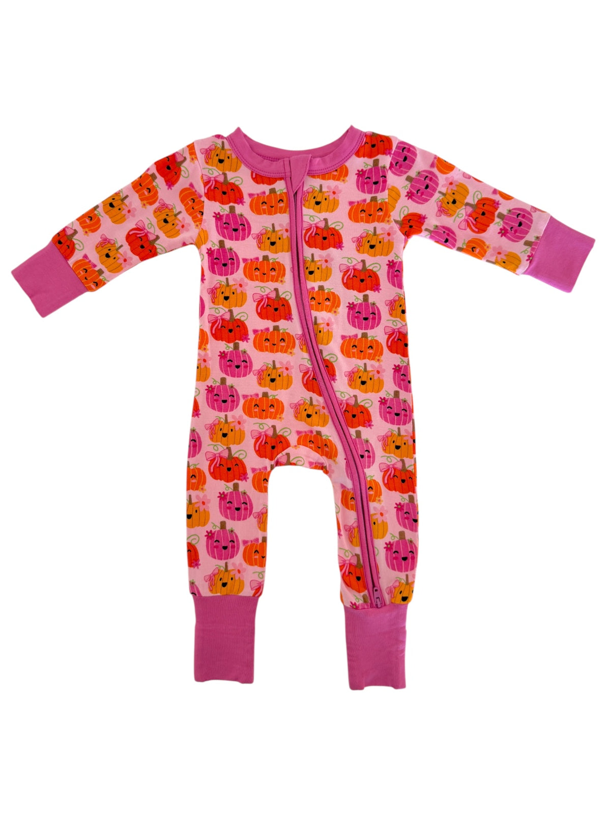 Pink infant onesie featuring colorful pumpkin patterns and a front zipper. Perfect for cozy autumn nights.