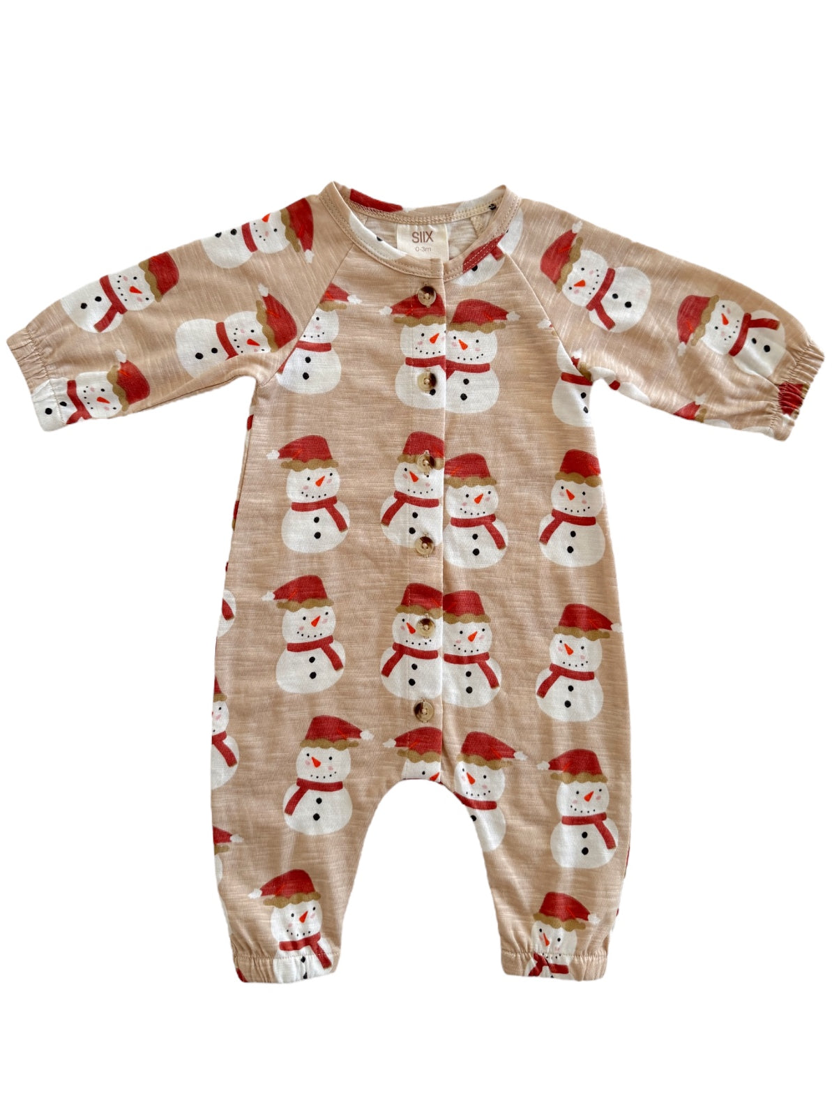 Infant onesie with a snowman design and red hats on a beige background, featuring button closure and long sleeves.